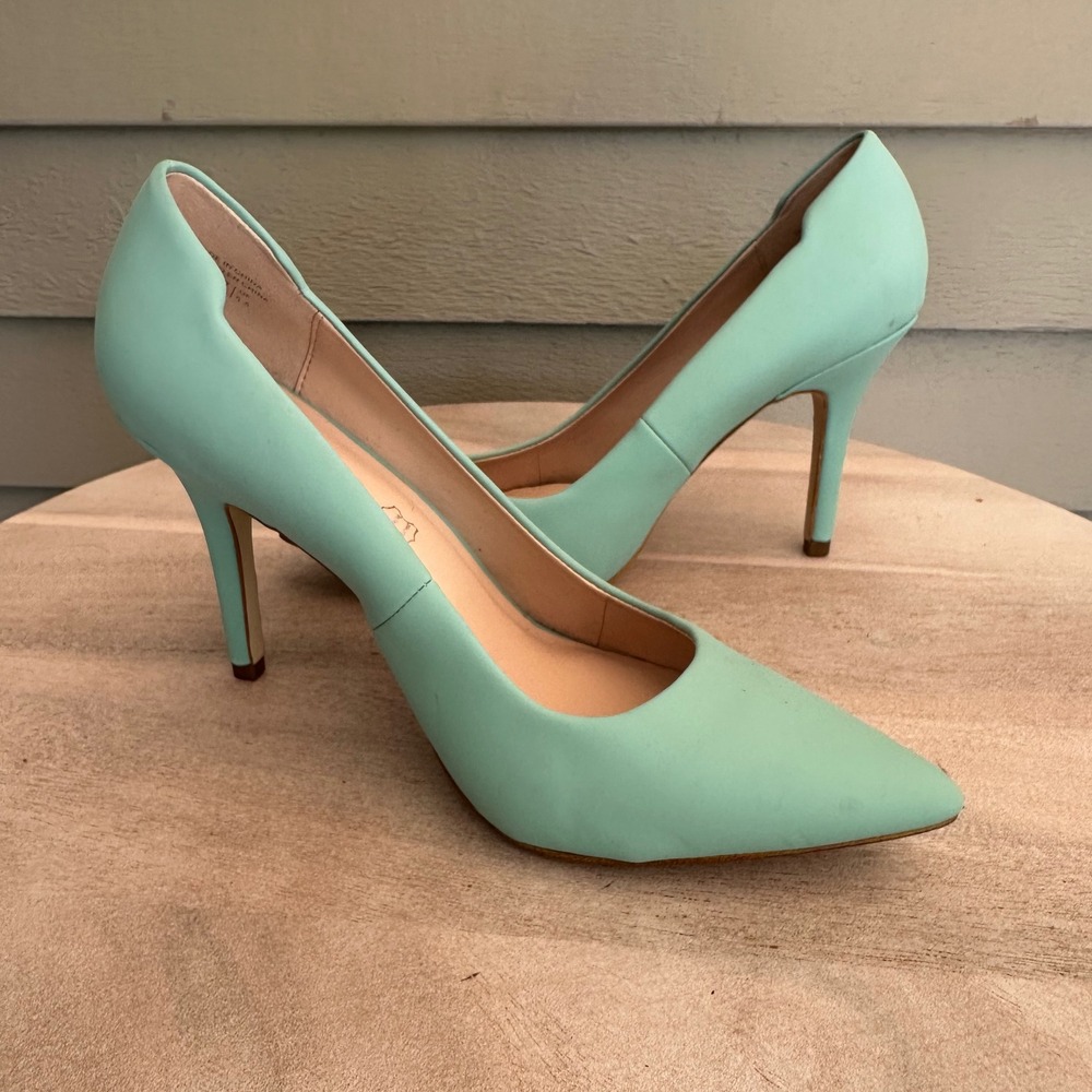 Aldo Mint Green Leather Pointed Toe Stiletto Pumps Scalloped Heel Womens 8 38.5 - Picture 8 of 13